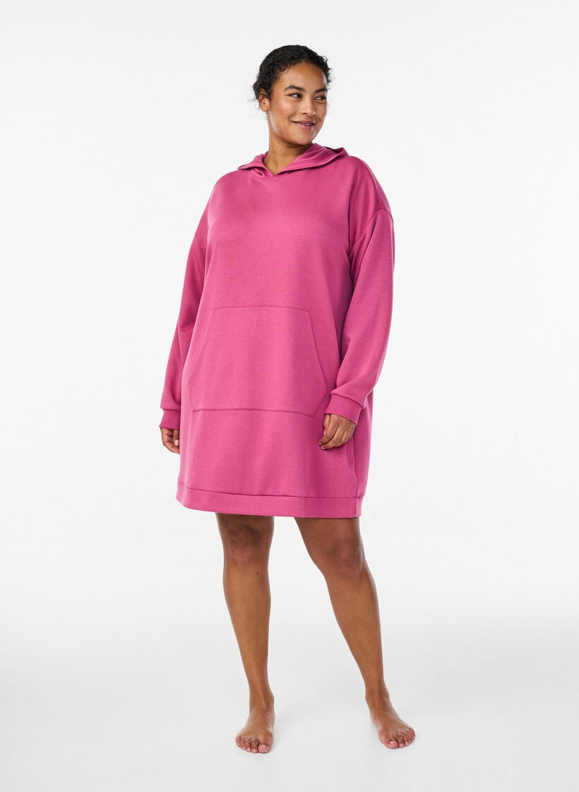 Robe sweat courte &agrave; capuche avec poche kangourou, Rose, Model image number 1
