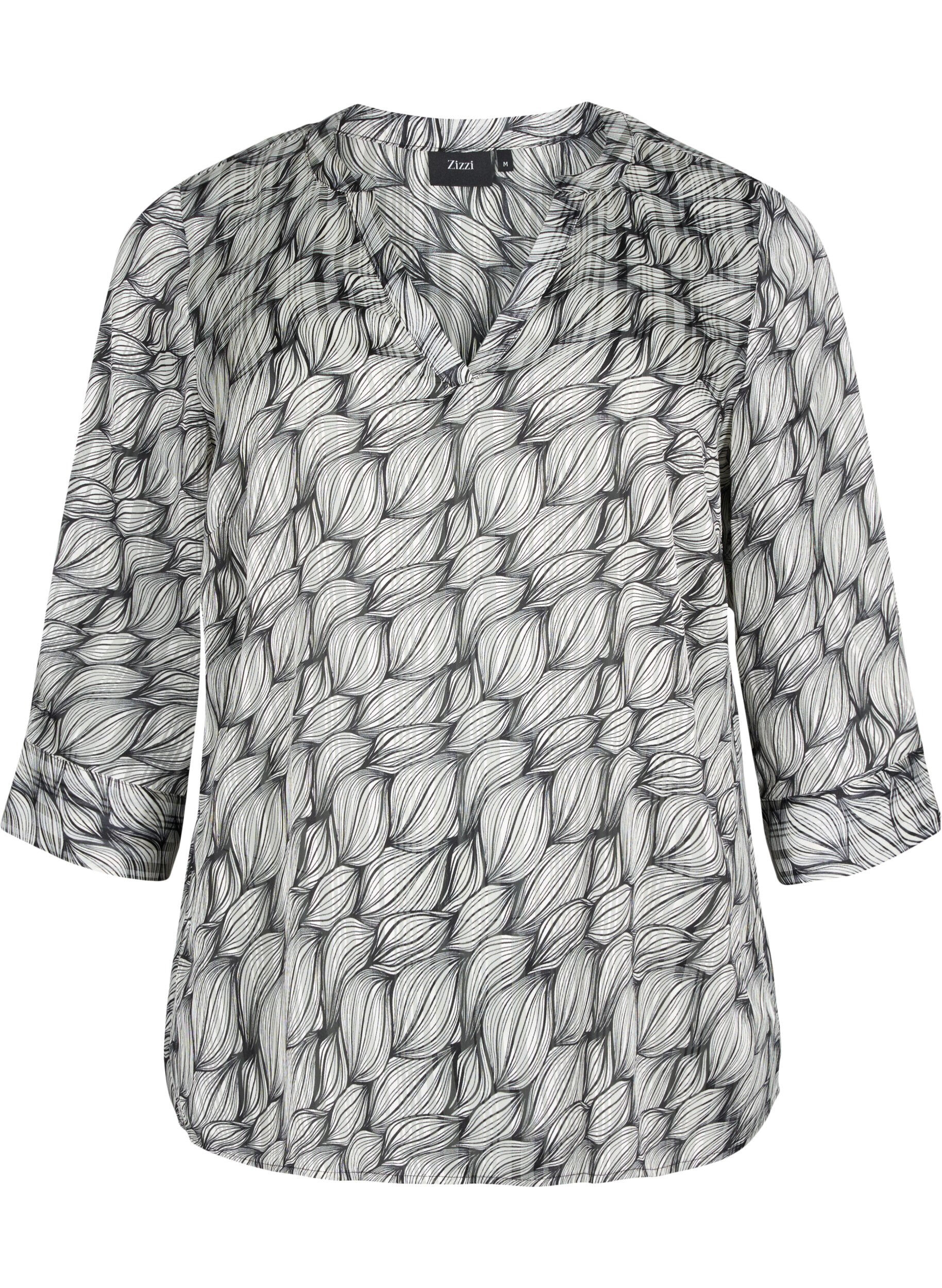 ZizziBlouse met print en 3/4 mouwen, Black White Leaf, Packshot image number 0
