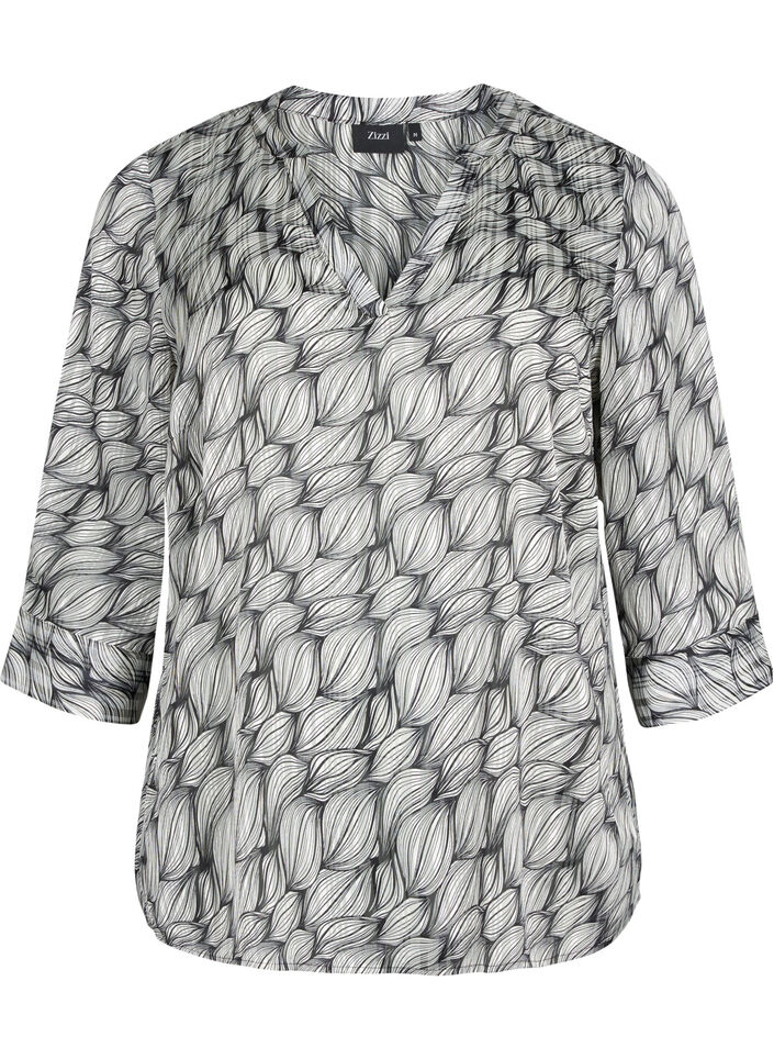 Blouse met print en 3/4 mouwen, Black White Leaf, Packshot image number 0