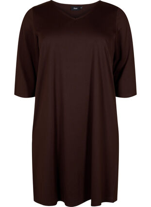 Robe de couleur unie avec coupe en V et manches 3/4, Coffee Bean, Packshot image number 0