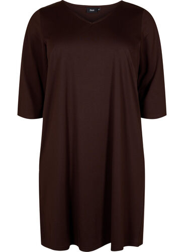 Effen jurk met v-hals en 3/4 mouwen, Coffee Bean, Packshot image number 0