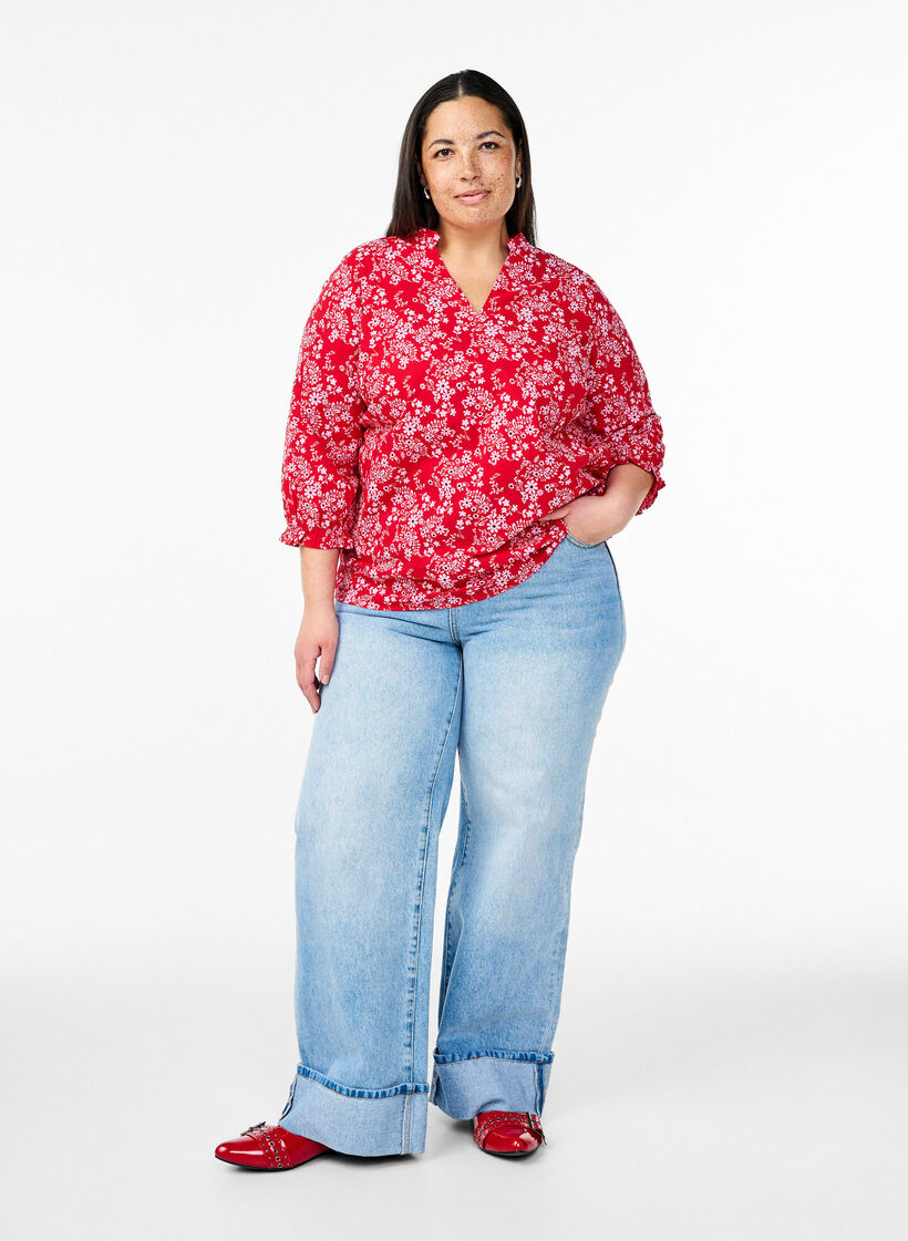 Chemisier en coton avec imprimé floral, Rouge, Model image number 1