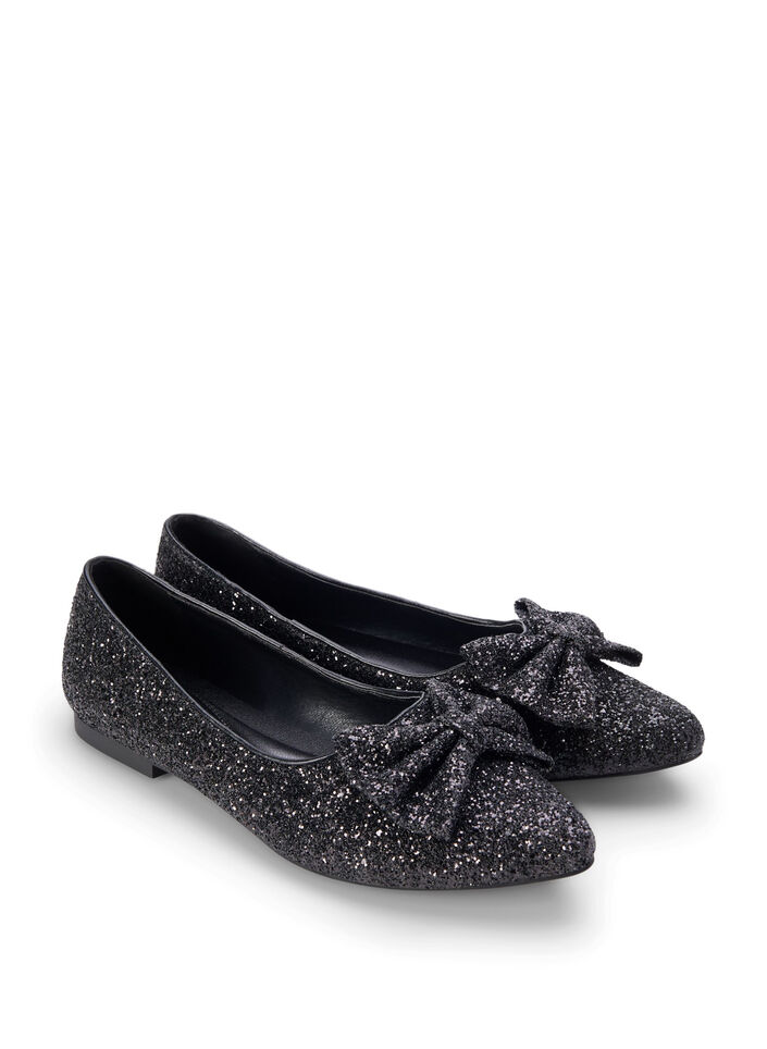 Wijde glitter ballerina met strik, Black, Packshot image number 1