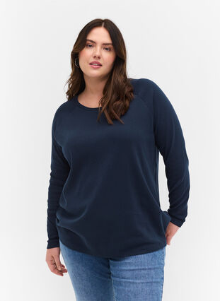 Katoenen blouse met lange mouwen en kantpatroon, Navy Blazer, Model image number 0