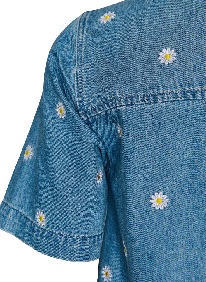 Korte denim jurk met geborduurde bloemen, Blauw, Packshot image number 3