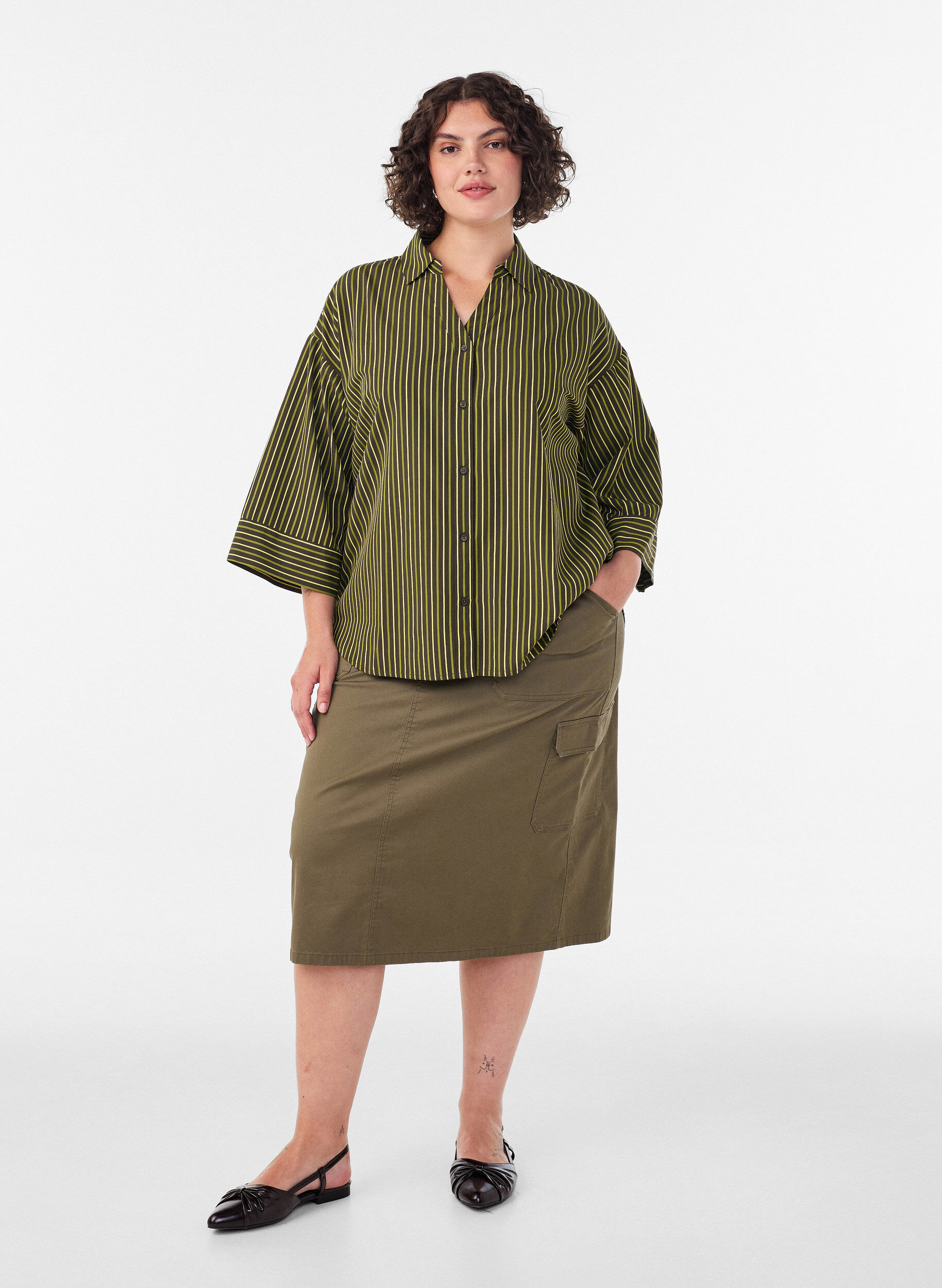 ZizziLosse gestreepte shirt met 3/4 mouwen, Groen, Model image number 1