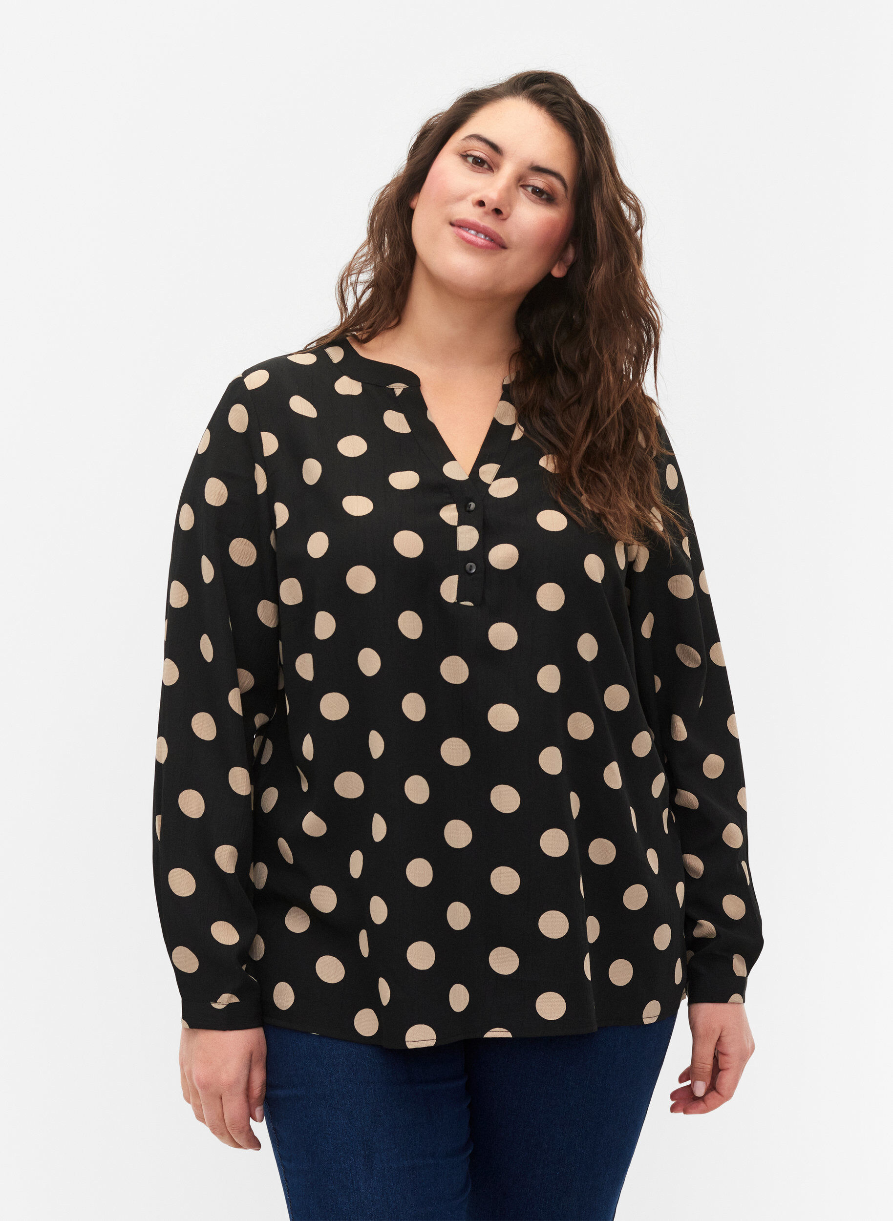 ZizziFLASH - Blouse met lange mouwen en print, Black Brown Dot, Model image number 0