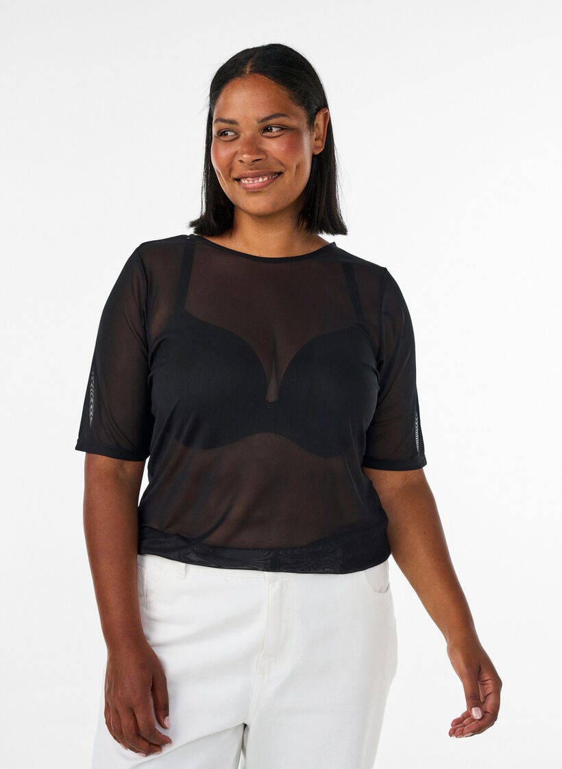 Top en maille avec manches courtes et col rond, Noir, Model image number 0