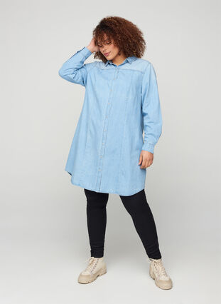 Lange denim blouse in katoen, Light blue denim, Model image number 2
