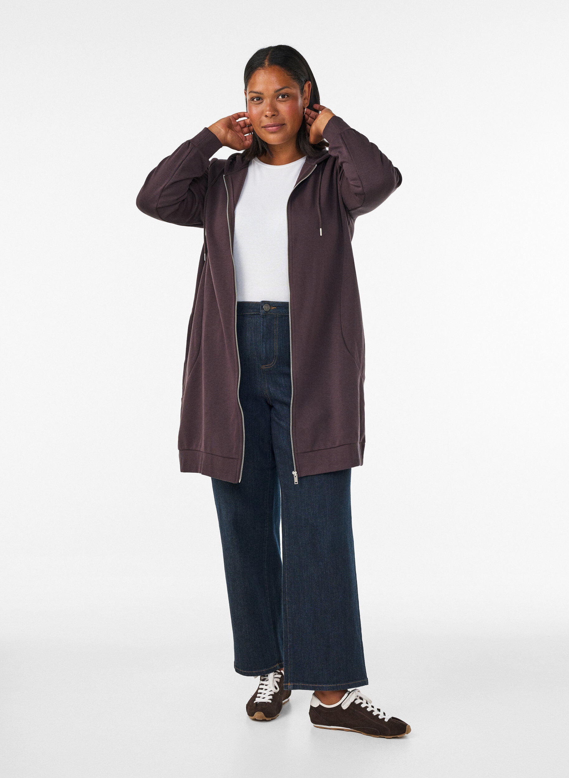 ZizziSweat &agrave; capuche long avec zip et poches, Marron, Model image number 1