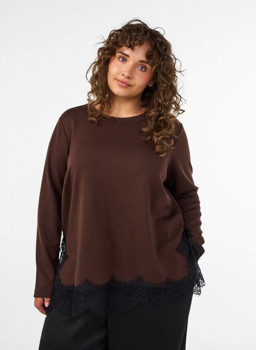 Jersey blouse met kanten rand, Bruin, Model image number 0