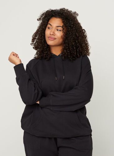 Sweat-shirt en coton avec capuche et poche, Black, Model image number 0