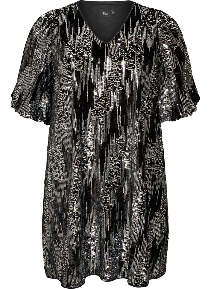 Robe courte en sequins avec des manches ballon, Noir, Packshot image number 0