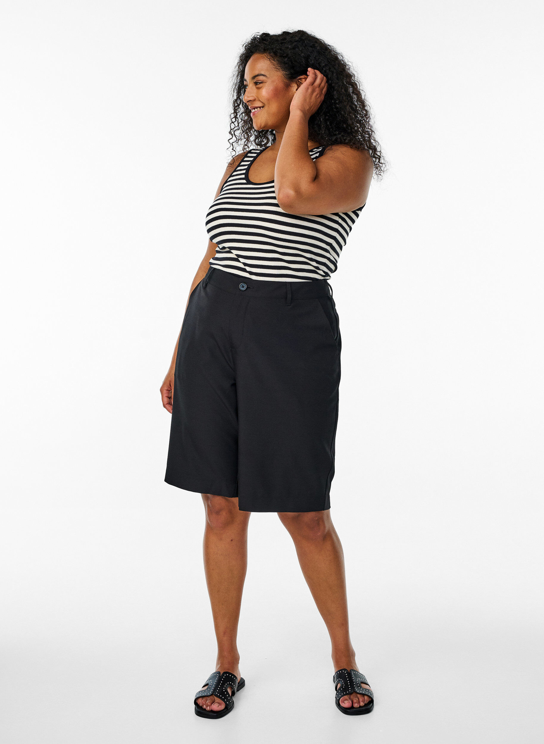 ZizziGestreepte tanktop met een ribstructuur, Zwart, Model image number 1