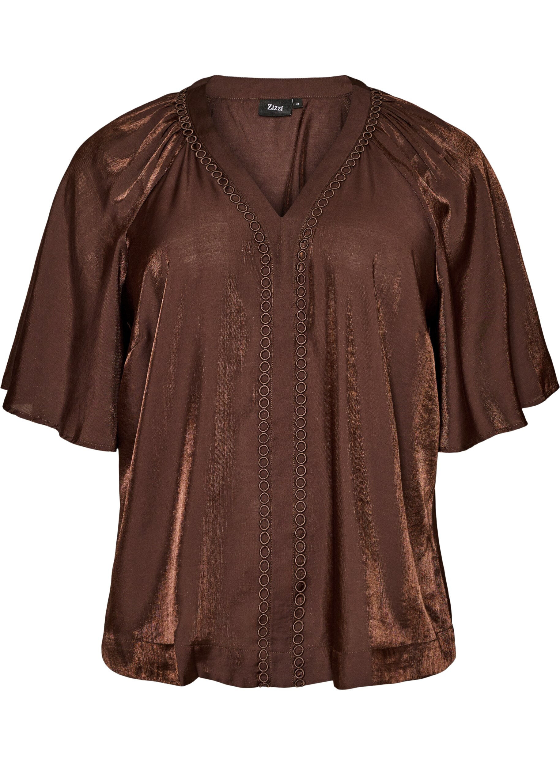 ZizziViscose blouse met V-hals en decoratieve details, Bruin, Packshot image number 0