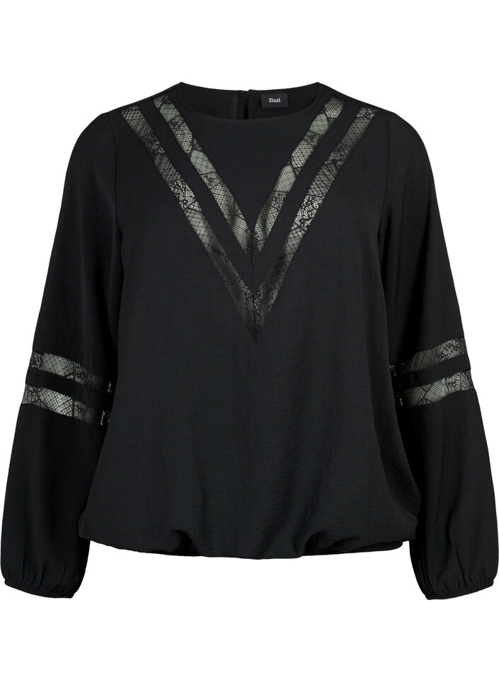 Blouse met lange mouwen en kant, Black, Packshot image number 0