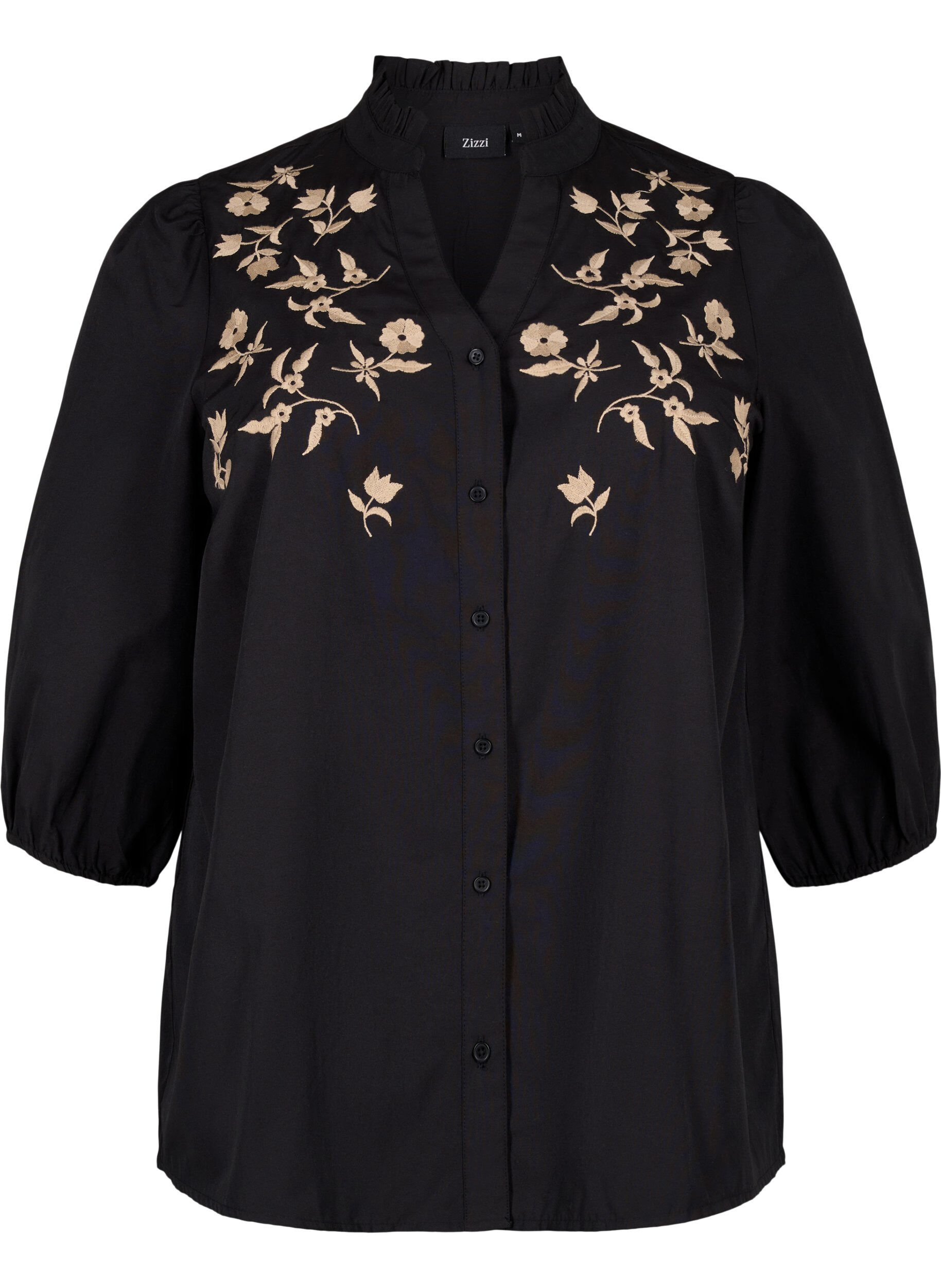 ZizziOverhemdblouse met geborduurde bloemen en 3/4 mouwen, Black W. Beige Emb. , Packshot image number 0