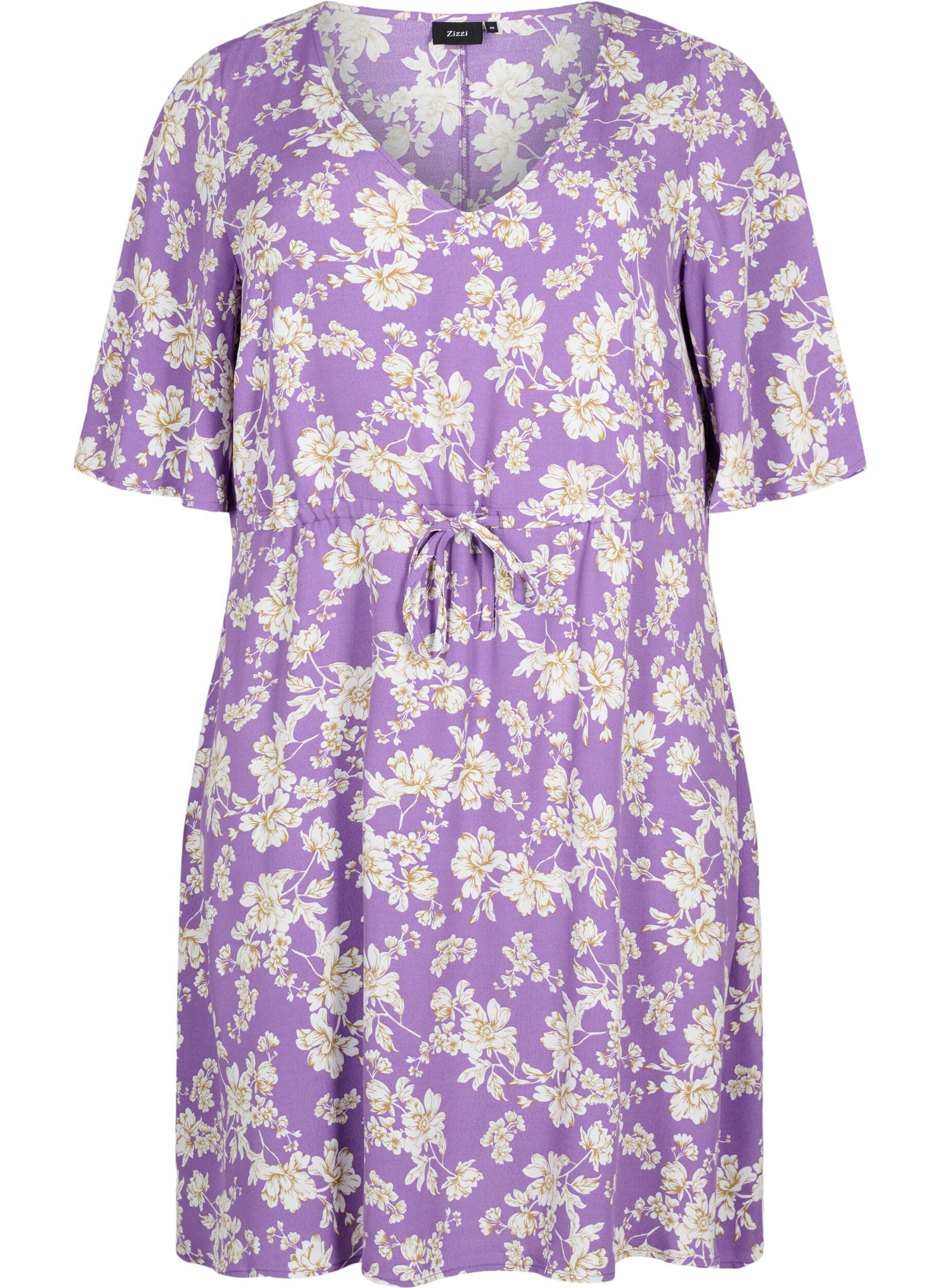 ZizziJurk met 1/2 mouw met bloemenprint in viscose, Purple Flower AOP, Packshot image number 0