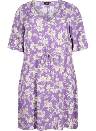 Robe à manches 1/2 avec imprimé floral en viscose, Purple Flower AOP, Packshot image number 0