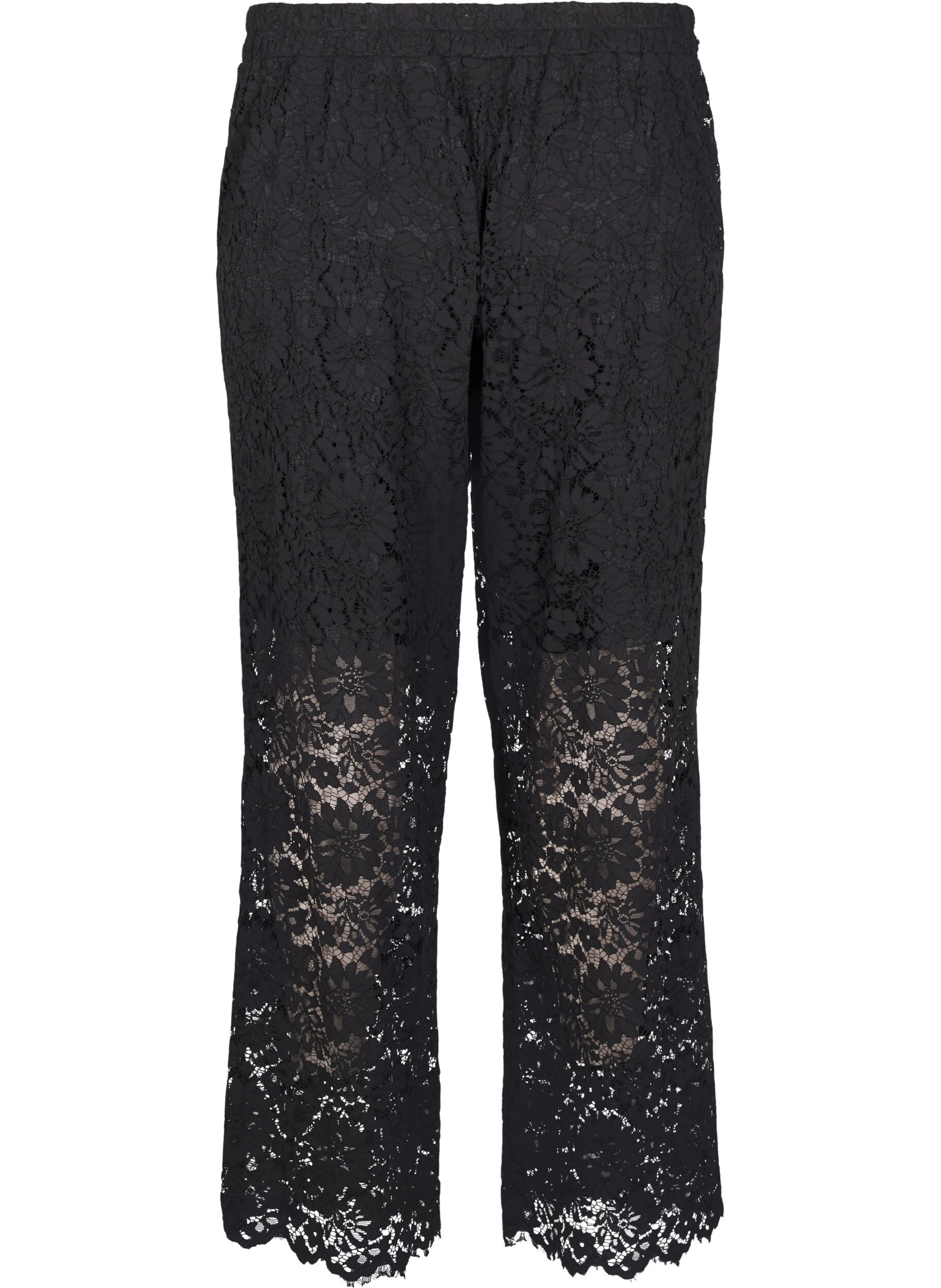 ZizziKanten broek met hoge taille en zakken, Zwart, Packshot image number 1