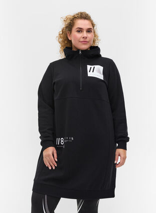 Robe pull à capuche et imprimé, Black, Model image number 0