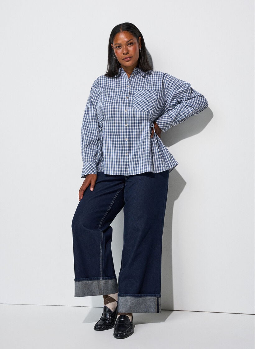 Chemise ample &agrave; carreaux avec ceinture &agrave; nouer, Bleu, Model image number 1