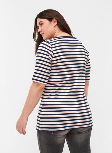 T-shirt côtelé rayé en coton, Blue Rose Stripe, Model image number 1