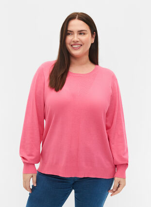 Pull en tricot de couleur unie avec nervures, Hot Pink Mel., Model image number 0