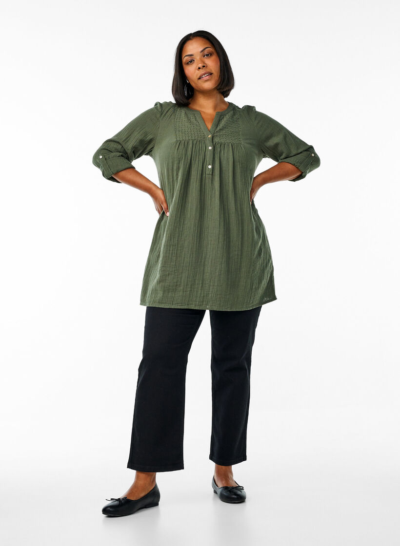 Katoenen mousseline tuniek met broderie anglaise, Groen, Model image number 1