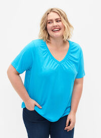 T-shirt mélangé avec bord élastiqué, Blue Atoll Mél, Model