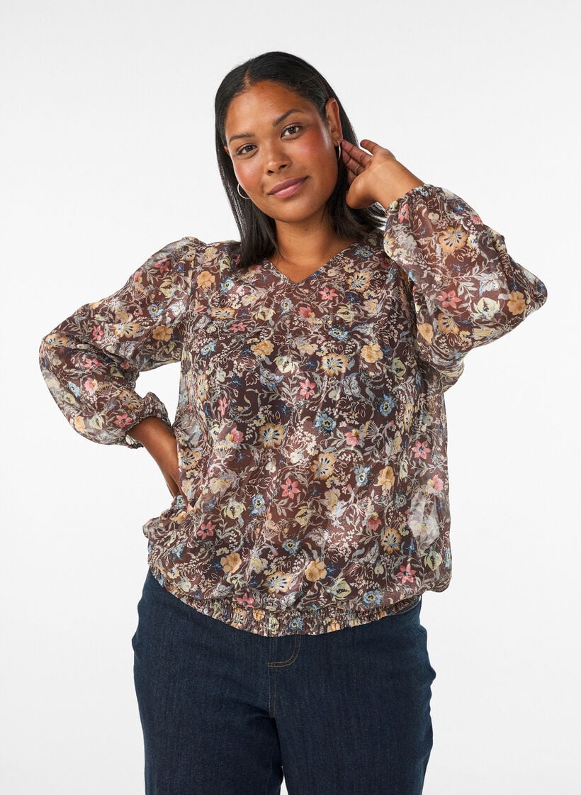 Blouse &agrave; imprim&eacute; floral et manches ballon, Marron, Model image number 0