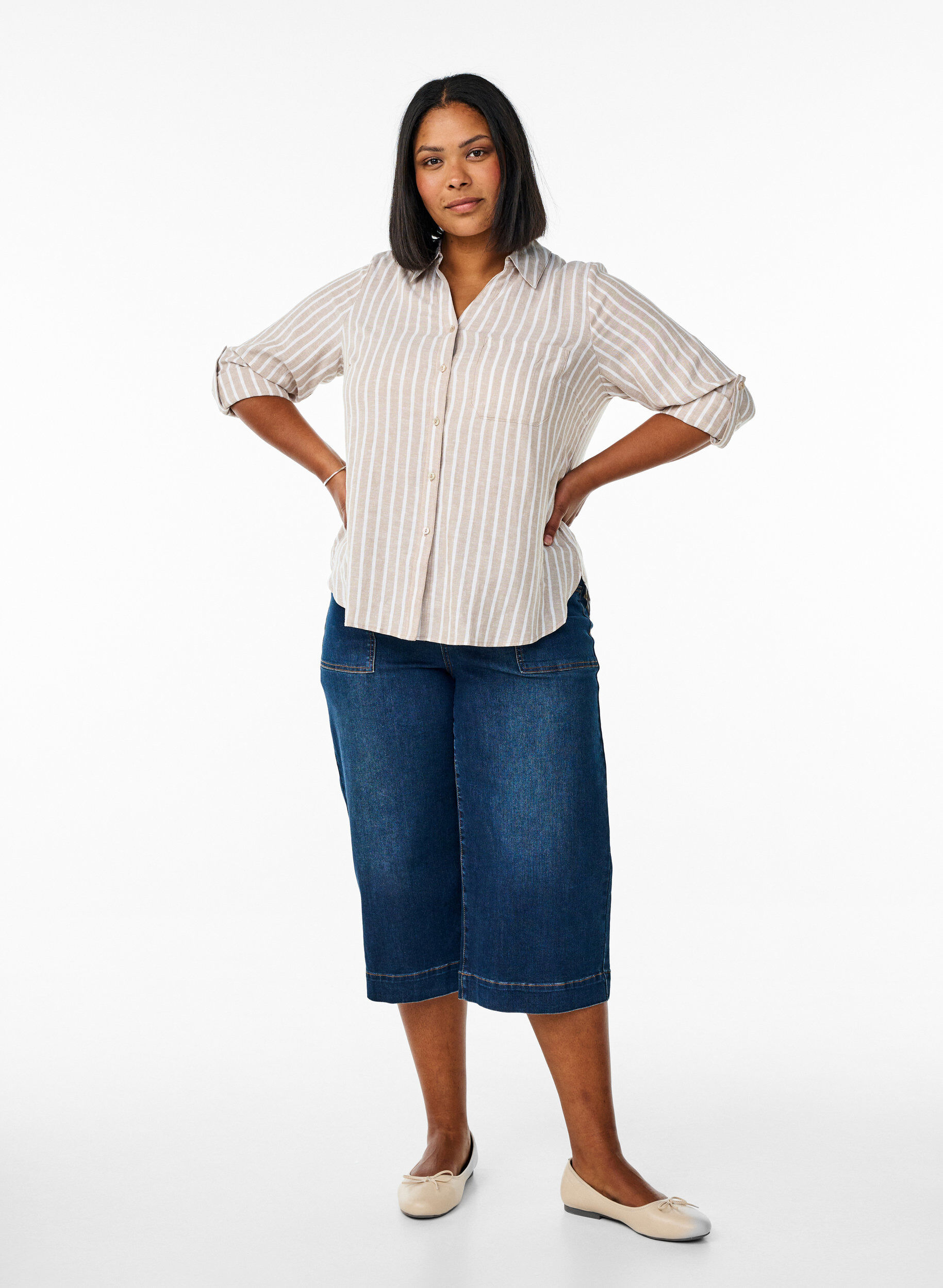 ZizziLinnen en viscose shirt met 3/4 mouwen, Beige, Model image number 1