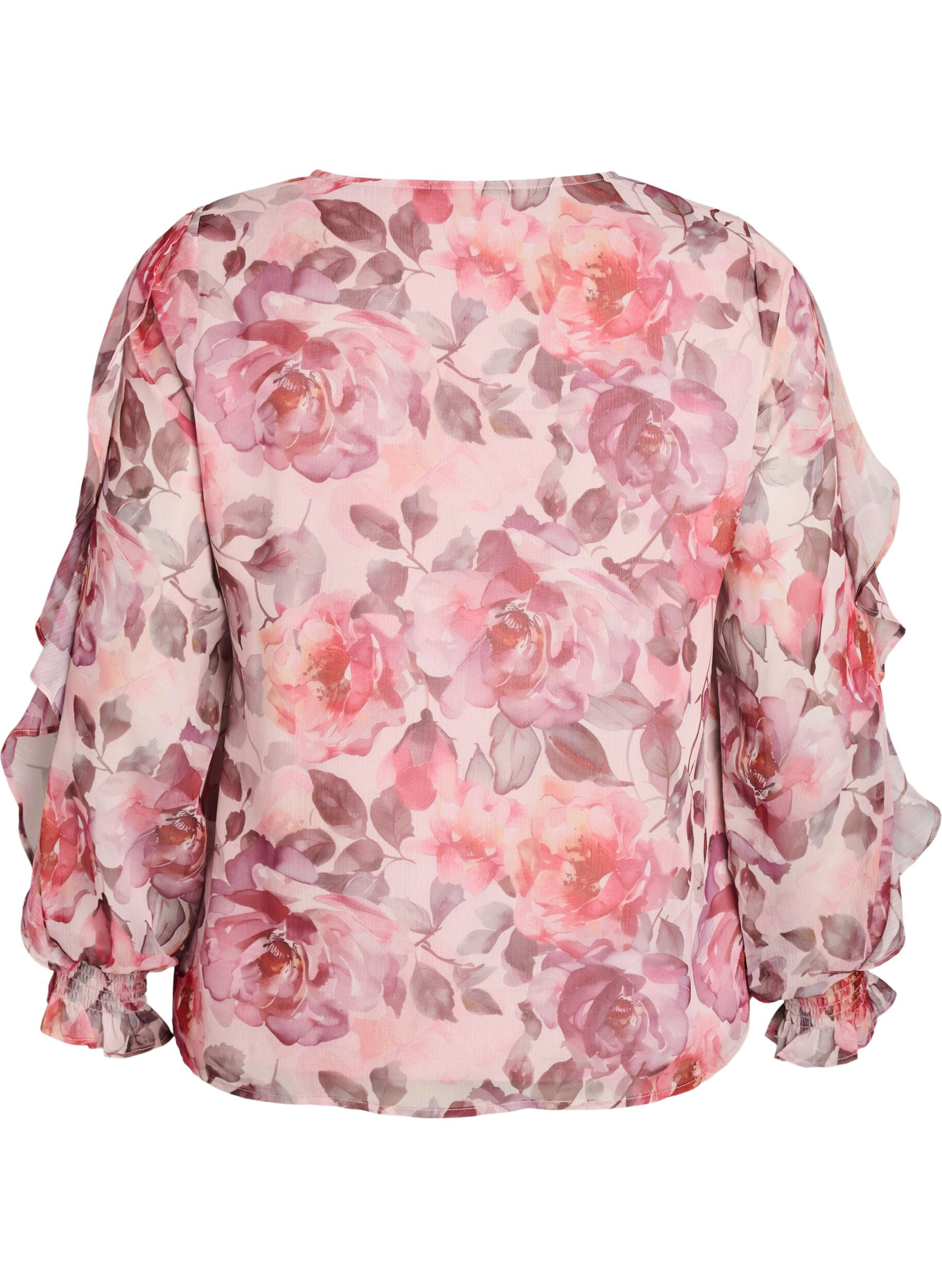 ZizziBlouse met bloemenprint, V-hals en ruches mouwen, Roze, Packshot image number 1