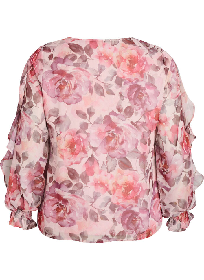 Blouse met bloemenprint, V-hals en ruches mouwen, Roze, Packshot image number 1