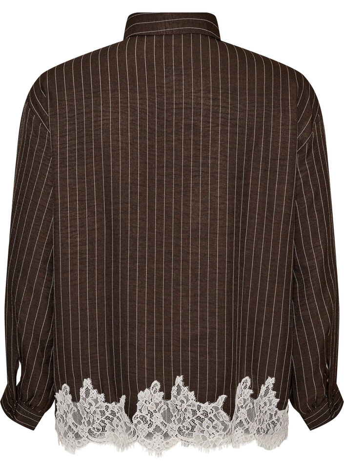Krijtstreepblouse met kanten rand, Bruin, Packshot image number 1