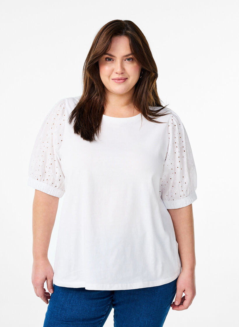T-shirt avec des manches en broderie anglaise, Blanc, Model image number 0