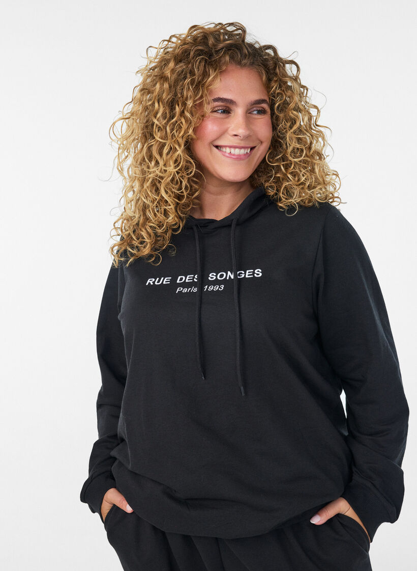 Sweater met capuchon en print, Zwart, Model image number 0