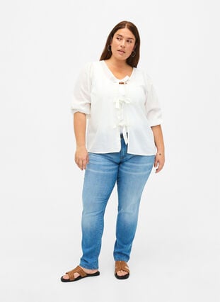 Katoenen blouse met 3/4 mouwen in een katoenmix met linnen, Bright White, Model image number 3