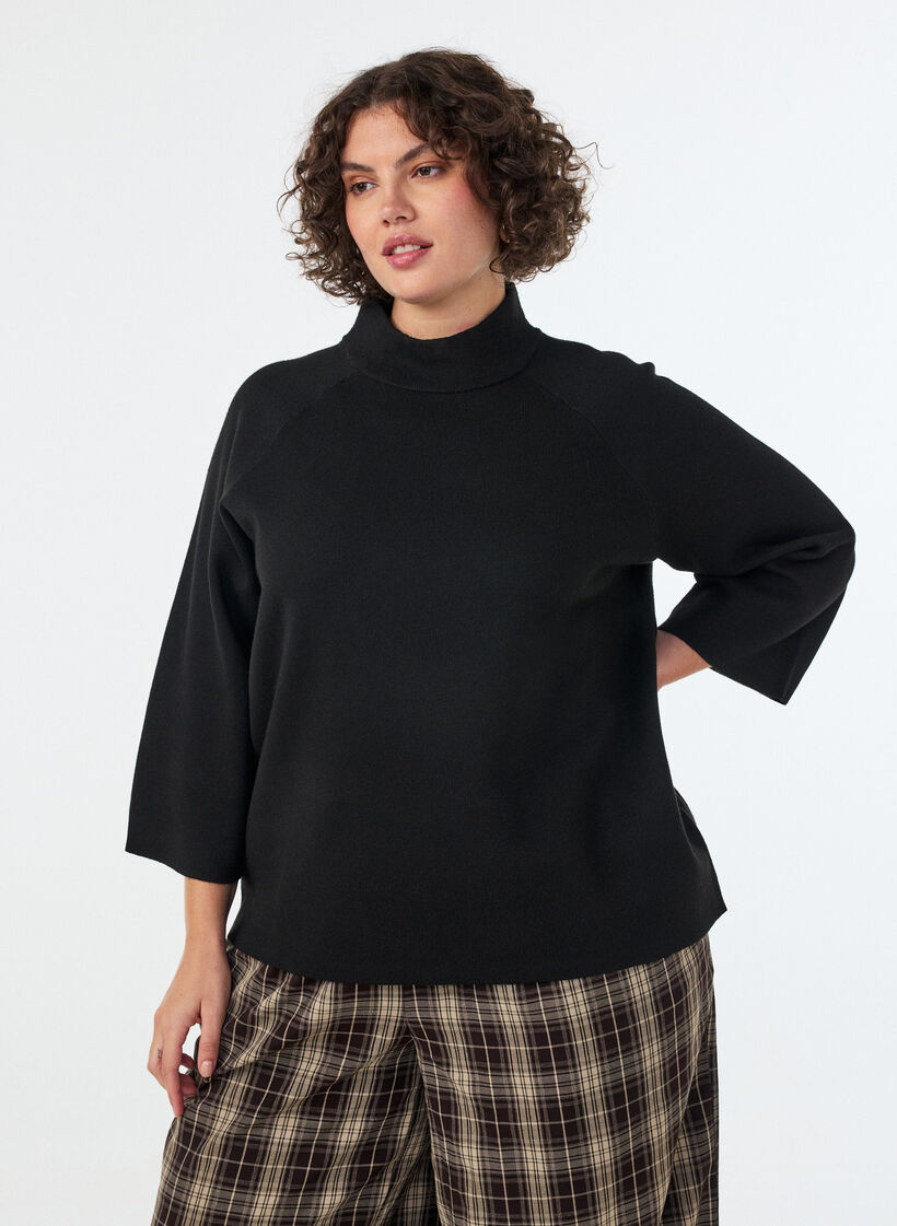 Gebreide blouse van een viscosemix met col, Zwart, Model image number 0