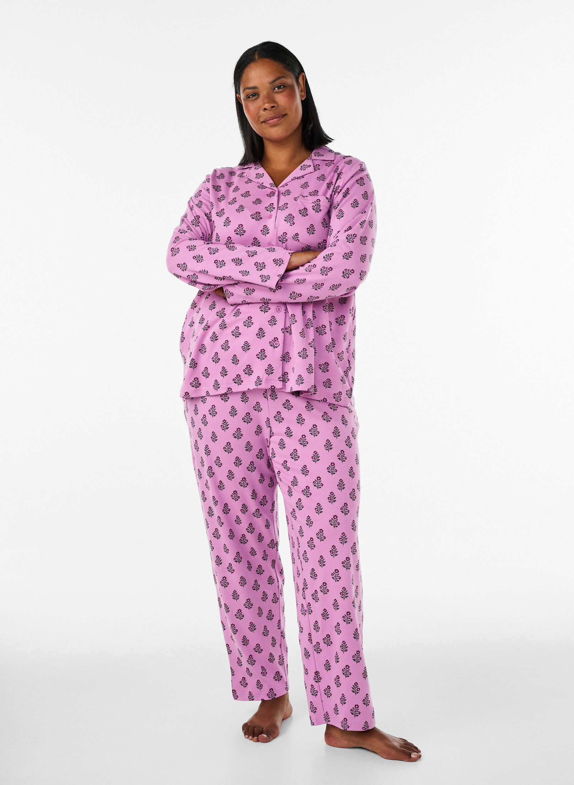 Pantalon de pyjama taille haute en coton, Rose, Model