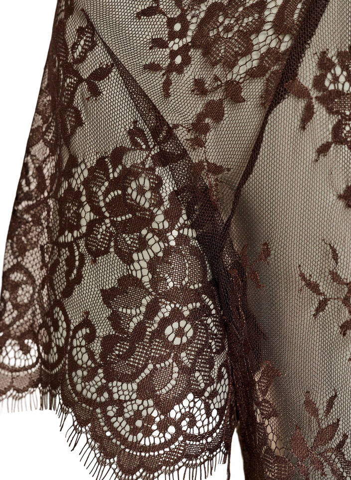 Korte mouwen kanten blouse met striksluiting, Bruin, Packshot image number 3