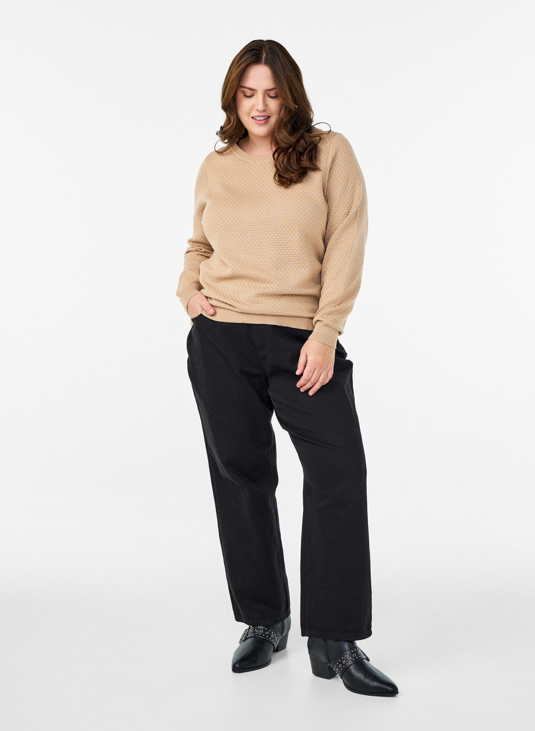 ZizziGebreide blouse van katoen met structuurpatroon, Beige, Model image number 1