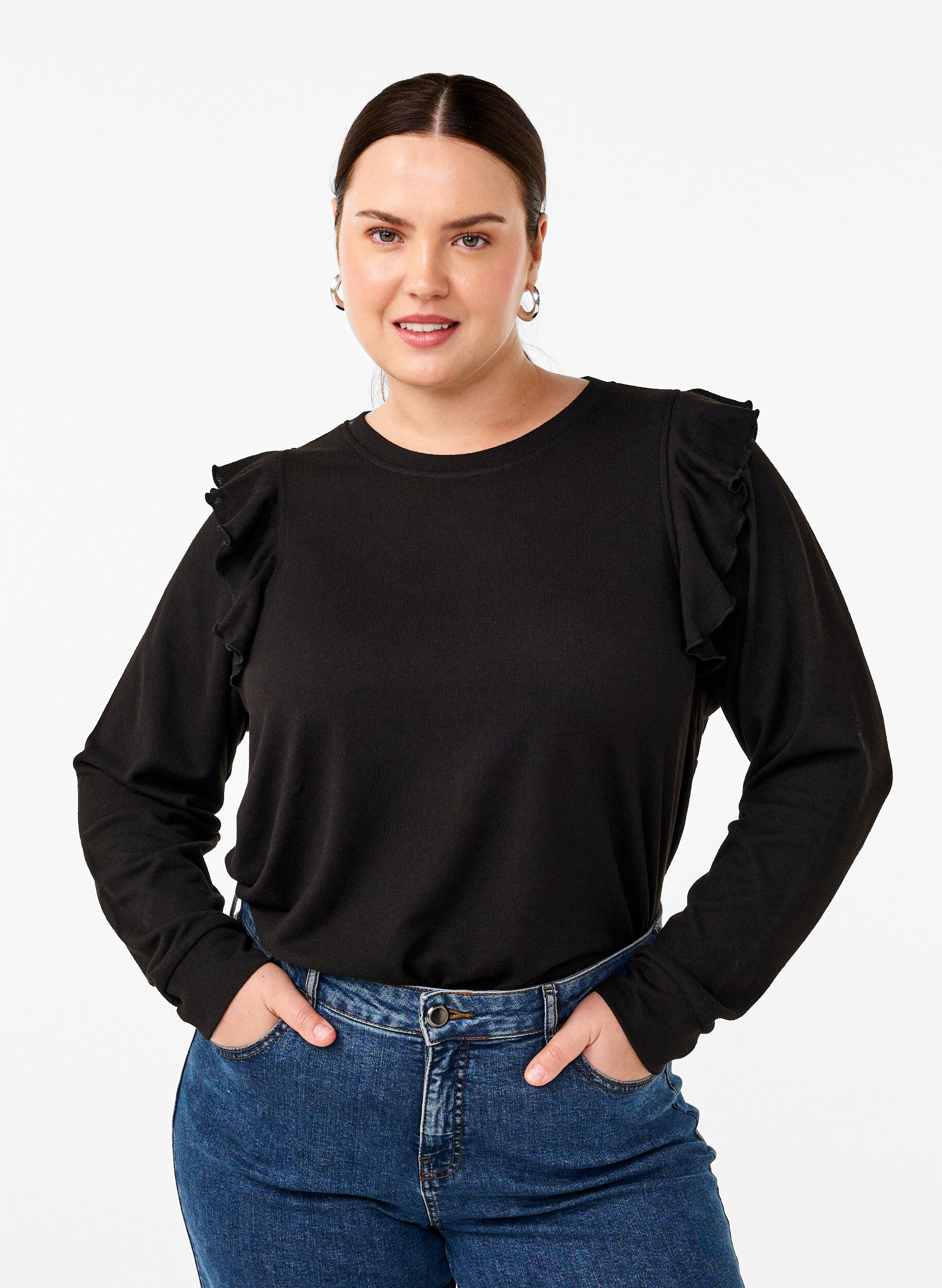 Zizzi Blouse met lange mouwen en ruches, Black, Model image number 0