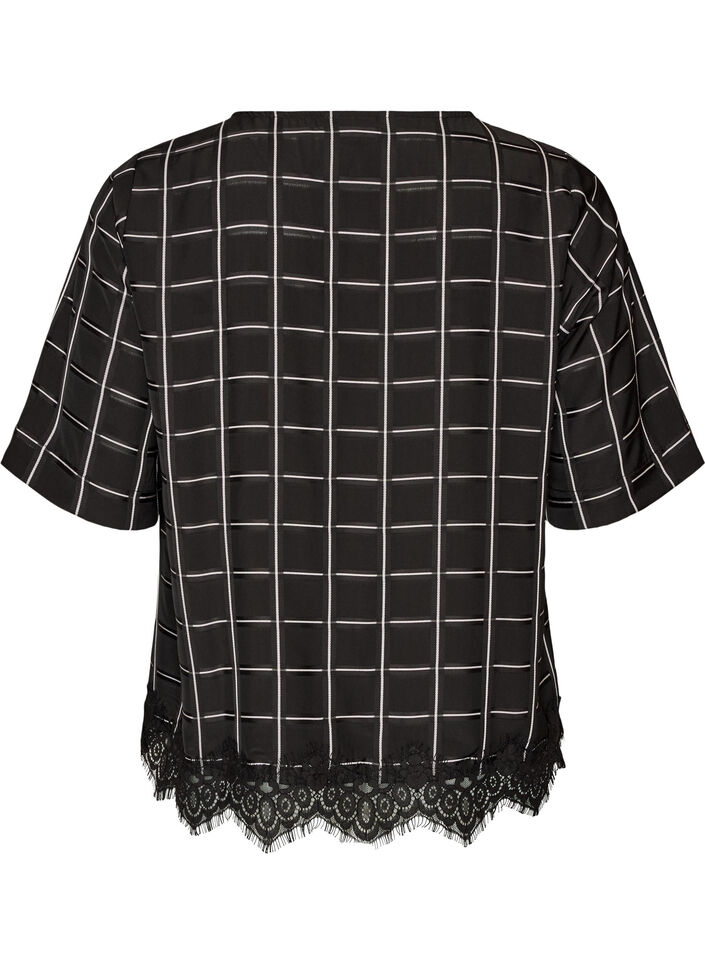 Blouse met ruitjes, kanten afwerking en ellebooglange mouwen, Zwart, Packshot image number 1
