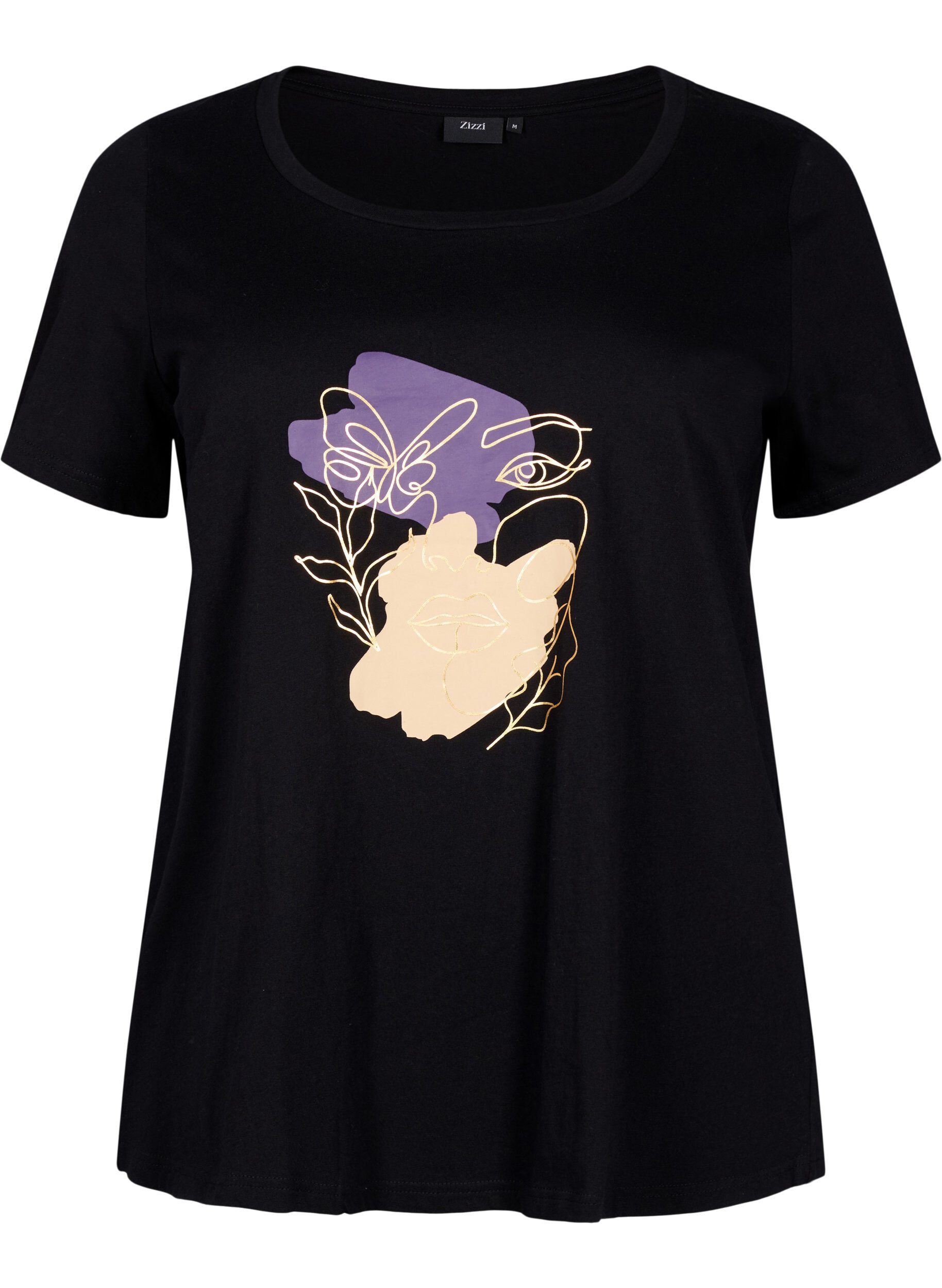 Zizzi T-shirt en coton avec motif, Black w. Face Foil, Packshot image number 0