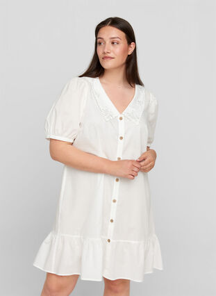 Robe chemise en coton à manches bouffantes, Bright White, Model image number 0
