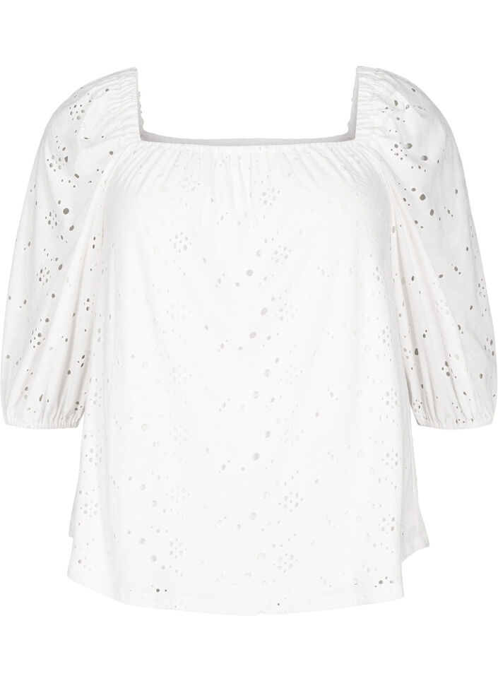 Blouse met korte pofmouwen en een opengewerkt patroon, Wit, Packshot image number 0