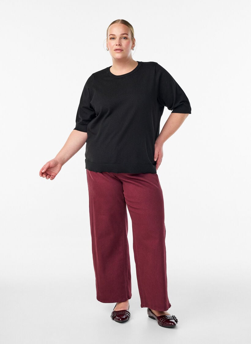 Fijngebreide blouse met korte mouwen, Zwart, Model image number 1