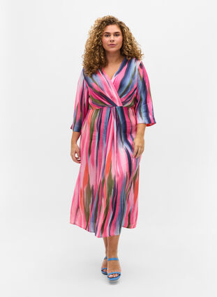 Midi-jurk met print en 3/4 mouwen, Pink AOP, Model image number 0