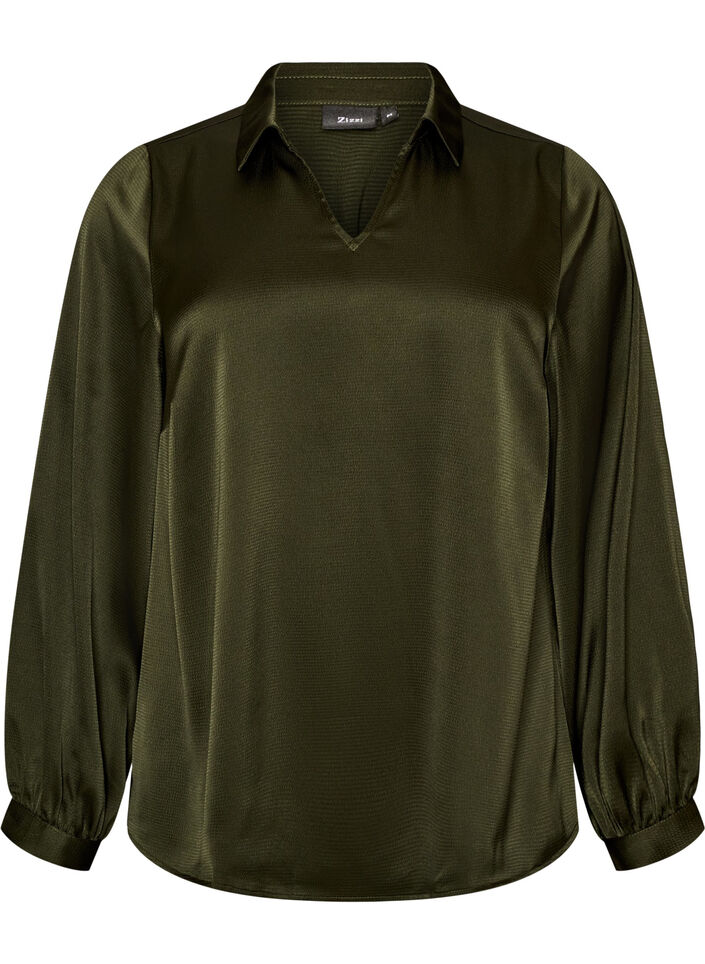 Blouse met overhemdkraag en V-hals, Groen, Packshot image number 0